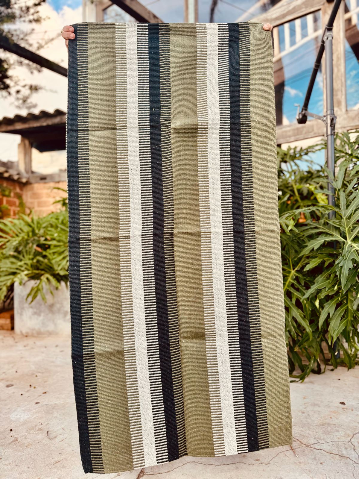 Tapete Médio Algodão Listrado Verde Musgo