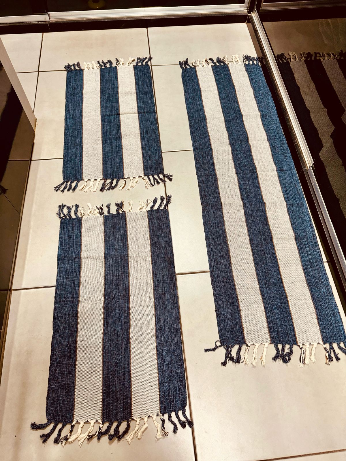 Jogo de Passadeira com 3 Peças em Algodão Comum Azul e Cru