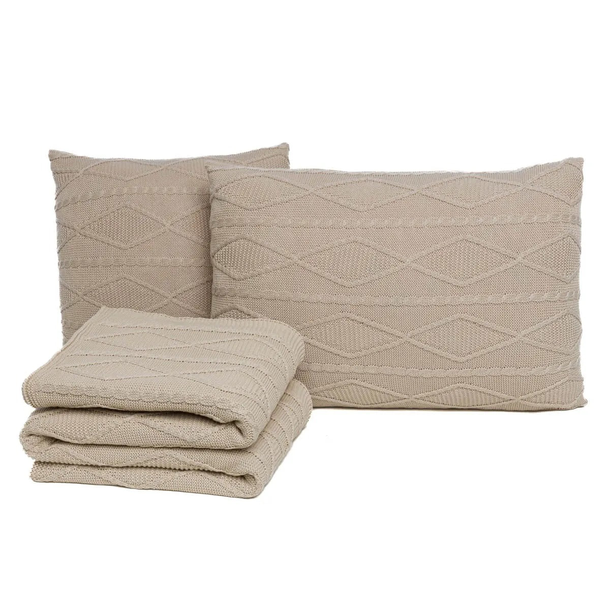 Kit Peseira + 2 Porta Travesseiros de Tricô Carrancas 0,60x2,30 Bege