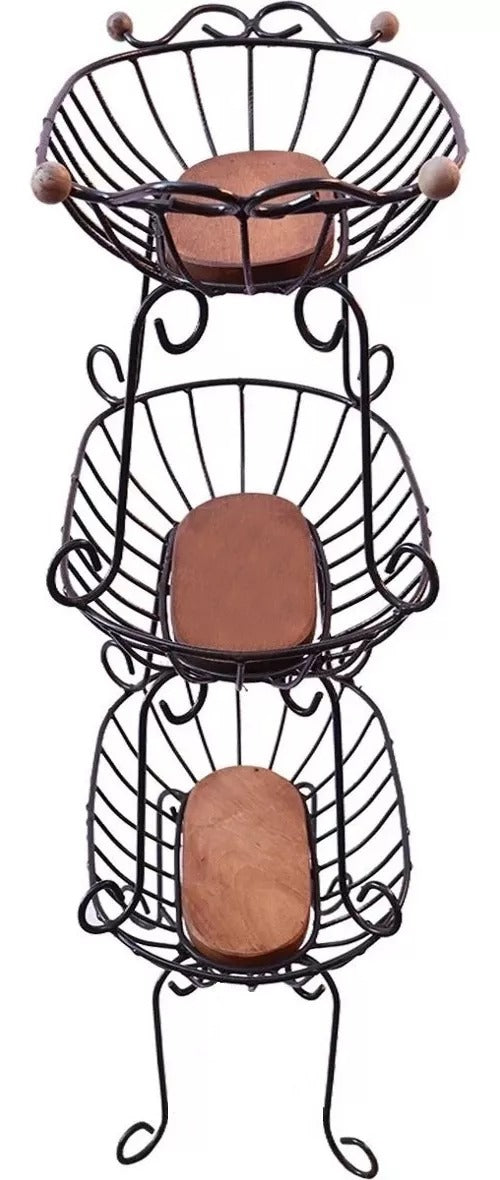 Fruteira Tripla De Chão 3 Andares Em Ferro E Madeira P Oval