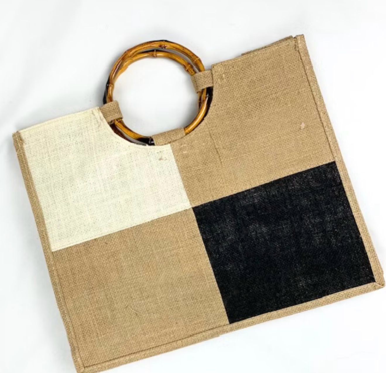 Bolsa Juta Quadriculada Alça Bambu