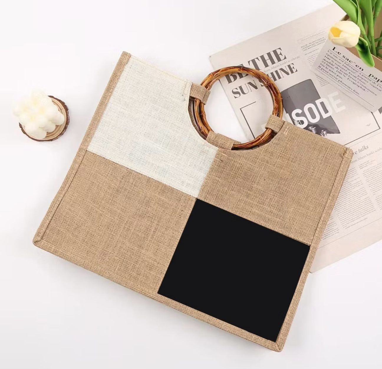 Bolsa Juta Quadriculada Alça Bambu