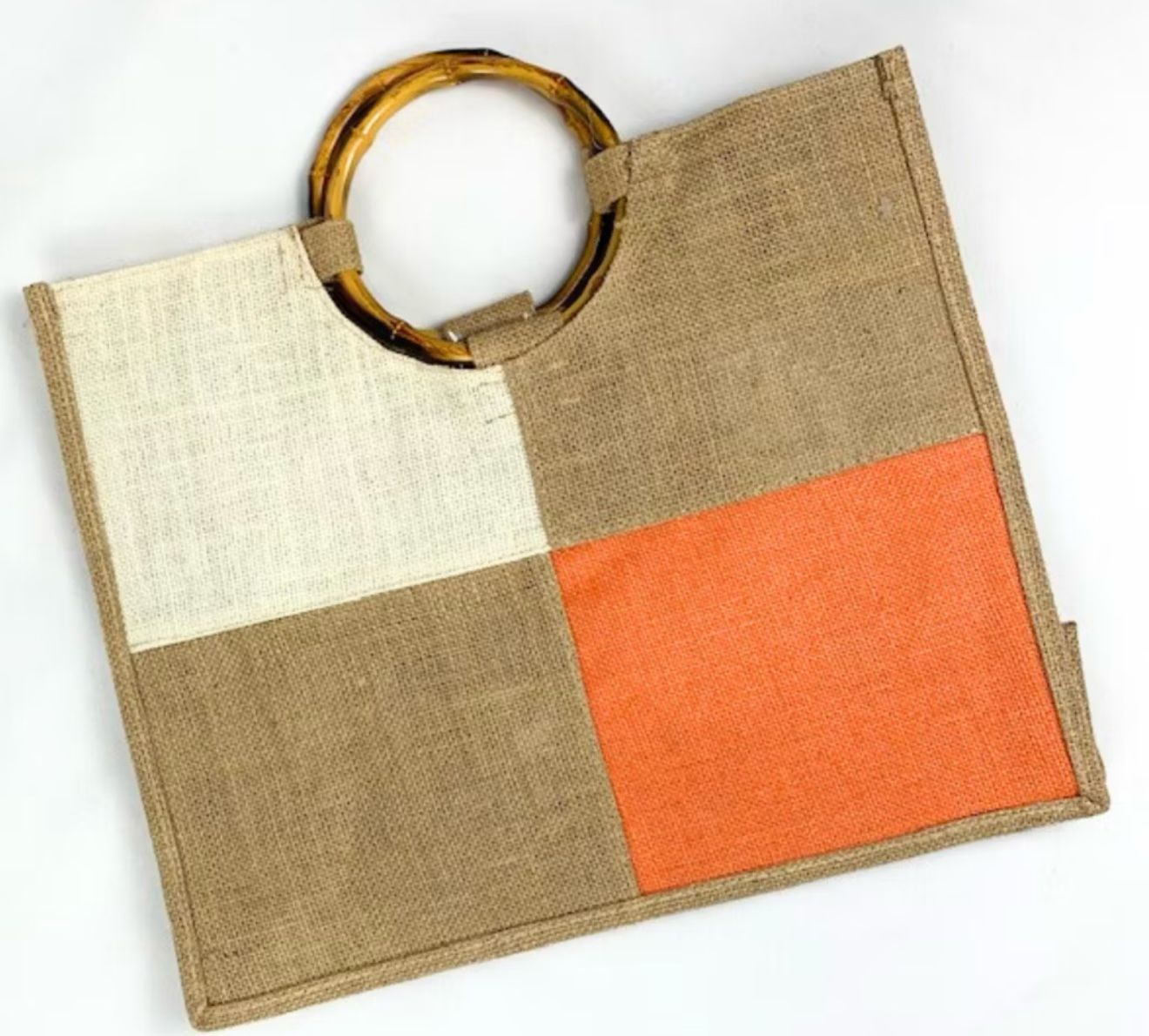 Bolsa Juta Quadriculada Alça Bambu