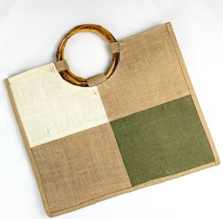 Bolsa Juta Quadriculada Alça Bambu