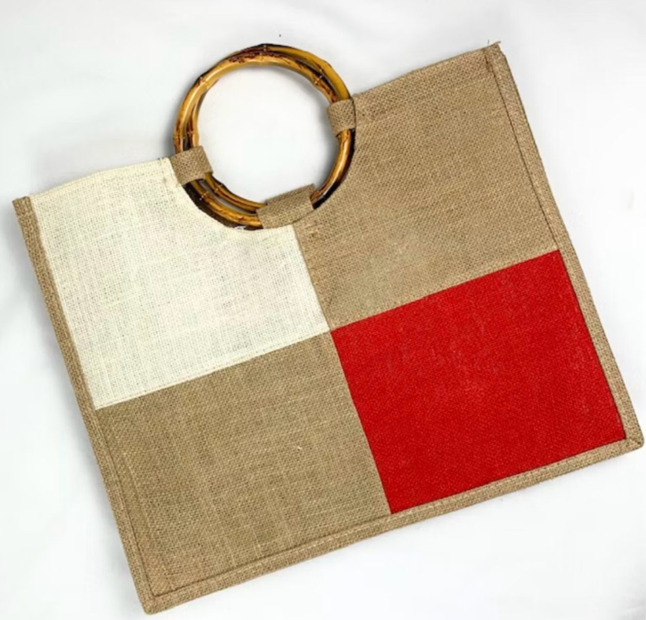 Bolsa Juta Quadriculada Alça Bambu