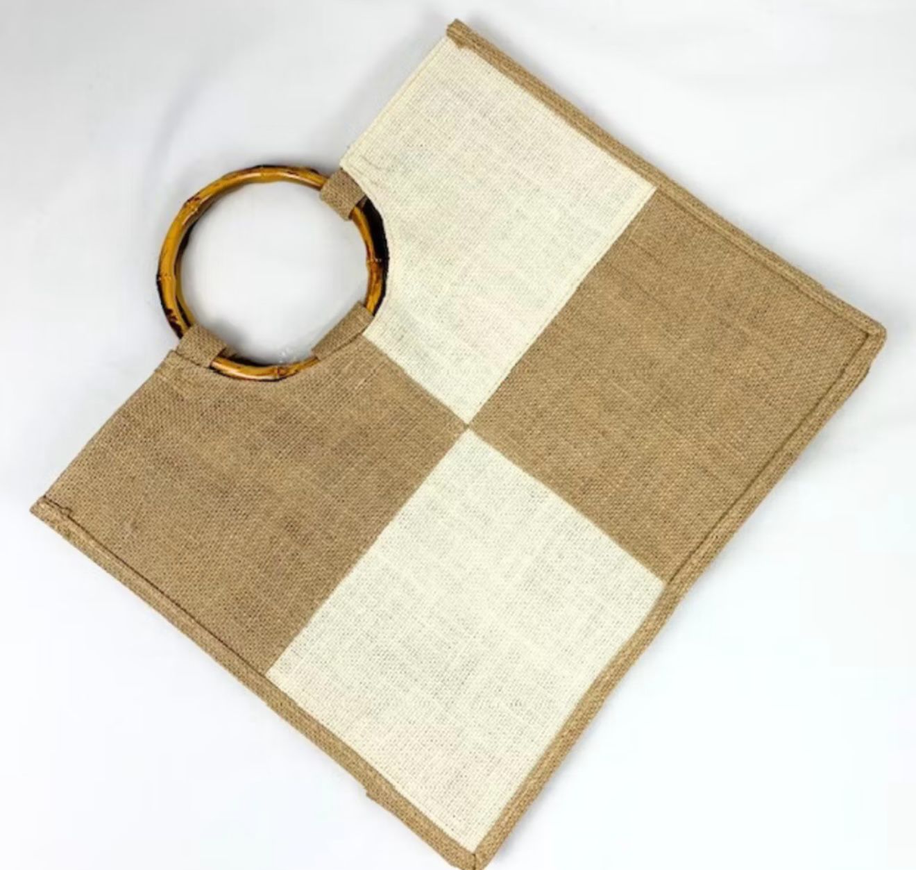 Bolsa Juta Quadriculada Alça Bambu