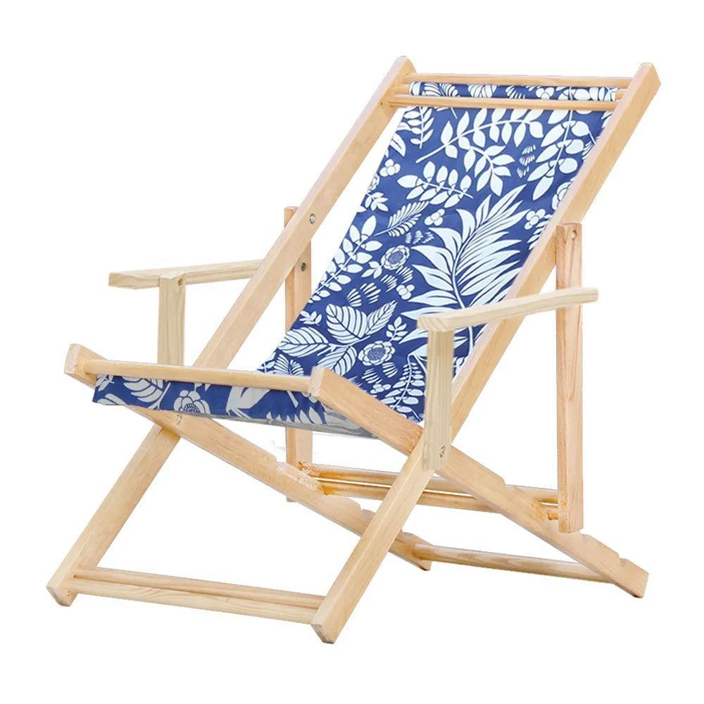 Cadeira Espreguiçadeira Dobrável Madeira Maciça Natural com Tecido Floral Azul