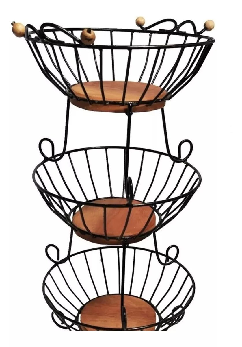 Fruteira Tripla De Chão 3 Andares Em Ferro E Madeira P Redonda