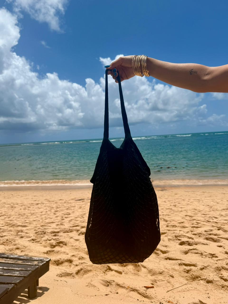 Bolsa Sacola De Rede Vazada Praia Preta
