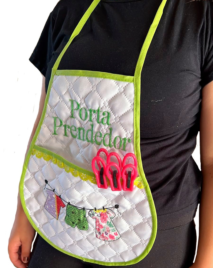 Avental Porta Prendedor de Roupas Branco com Viés Verde