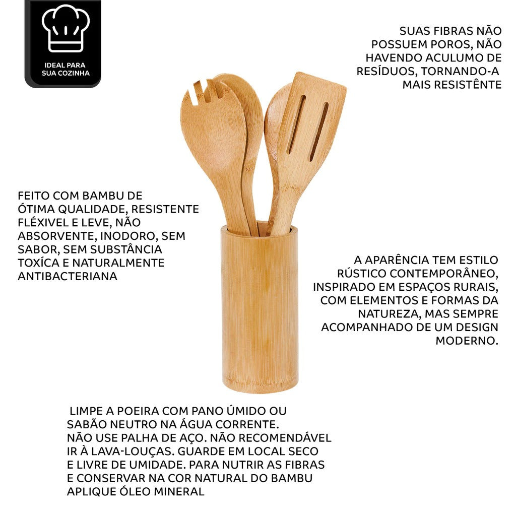 Kit Utensílios De Bambu 5 Peças Ecológico Com Suporte