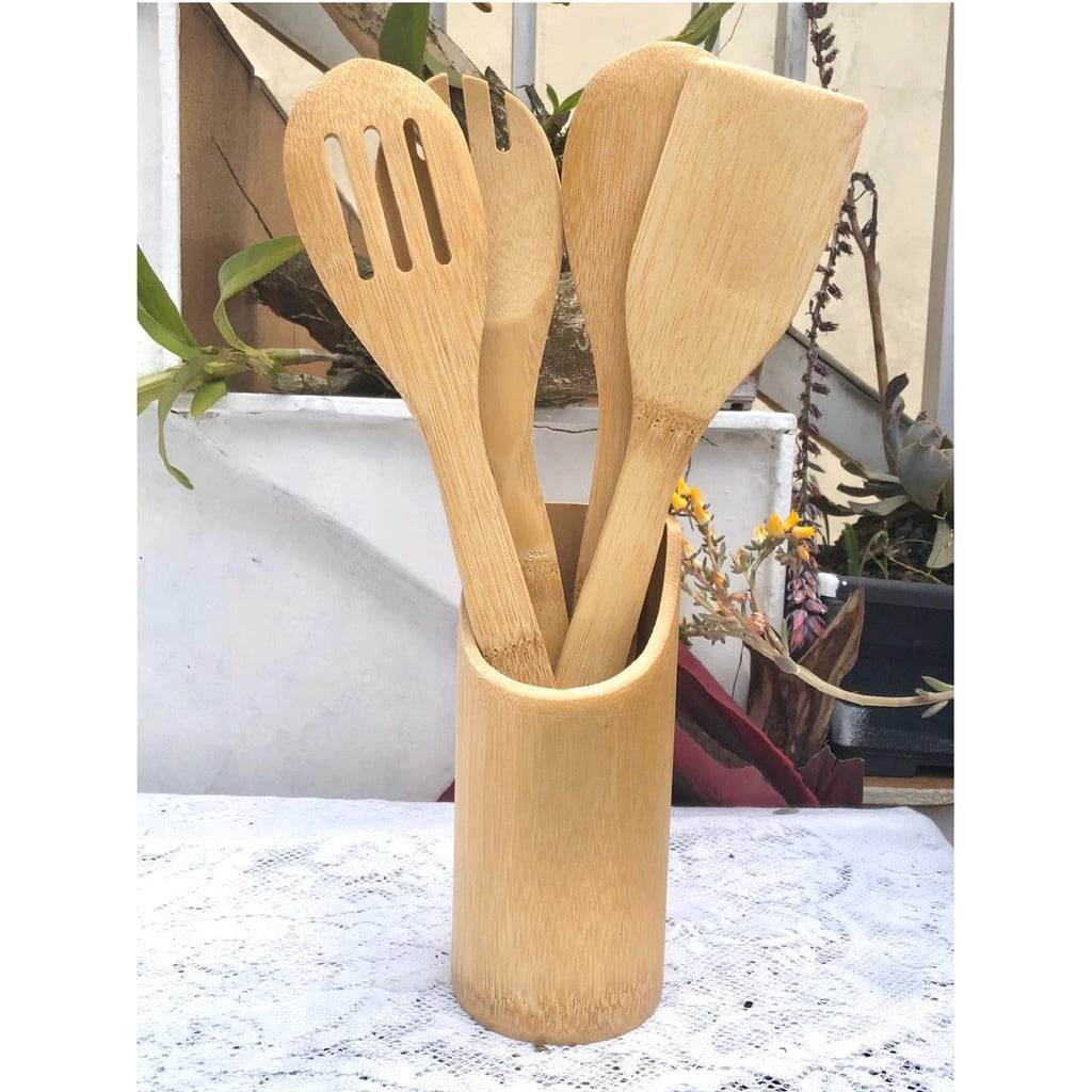 Kit Utensílios De Bambu 5 Peças Ecológico Com Suporte