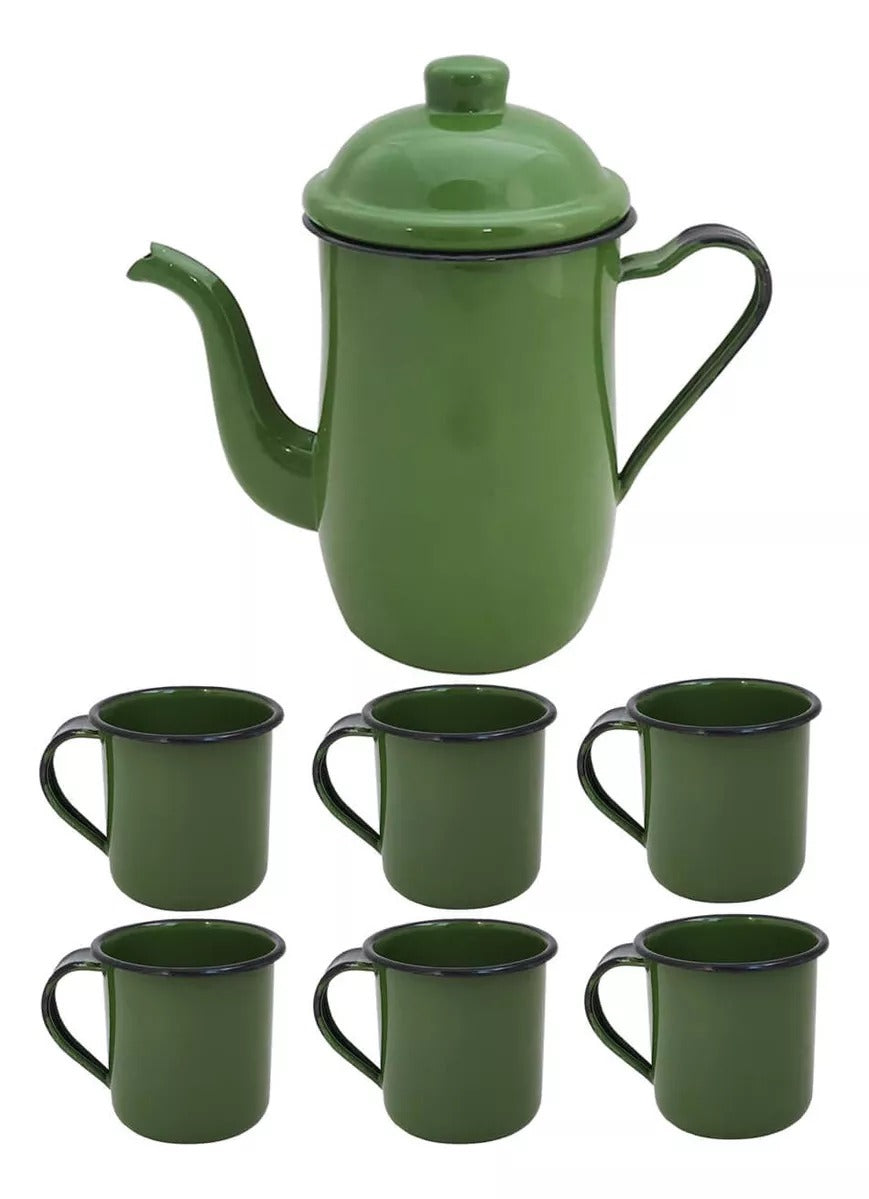 Kit Completo Bule + 6 Canecas Esmaltado Agatá MetalLouça Verde