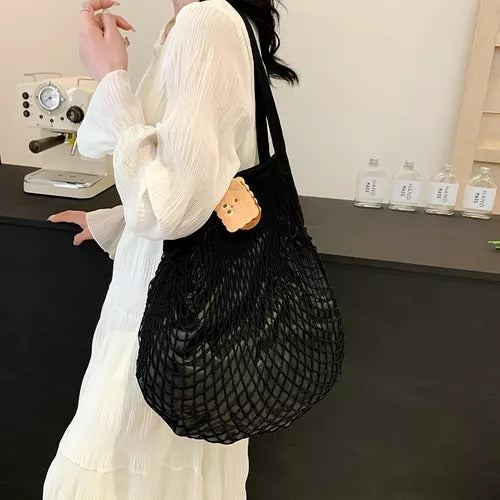 Bolsa Sacola De Rede Vazada Praia Preta