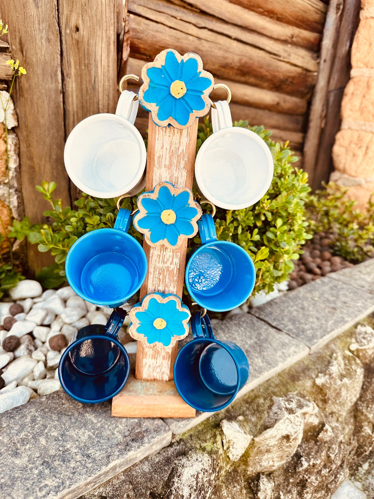 Suporte de Caneca Azul Escuro Madeira + 6 Canecas