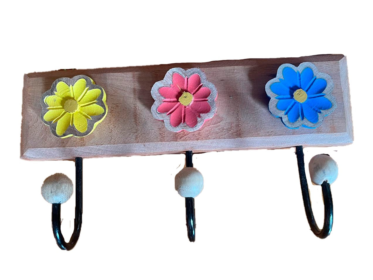 Cabide de Madeira com 3 Ganchos Flor Colorida