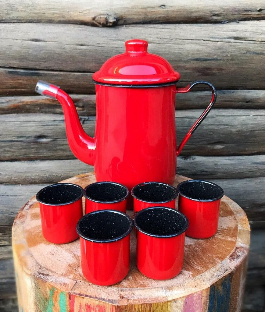 Kit Completo Bule + 6 Canecas Esmaltado Agatá MetalLouça Vermelho