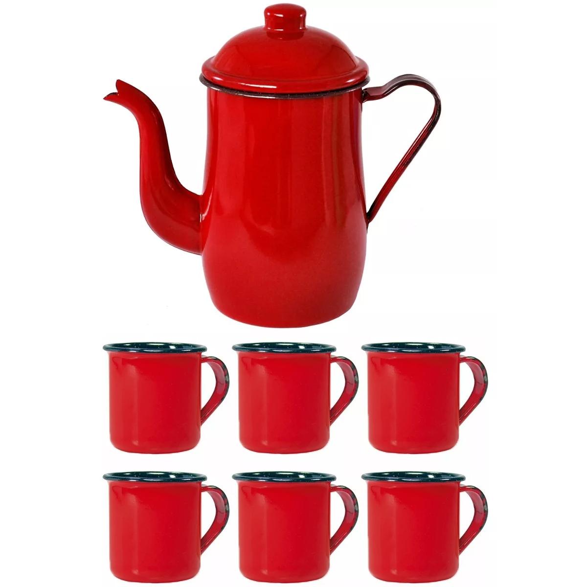 Kit Completo Bule + 6 Canecas Esmaltado Agatá MetalLouça Vermelho