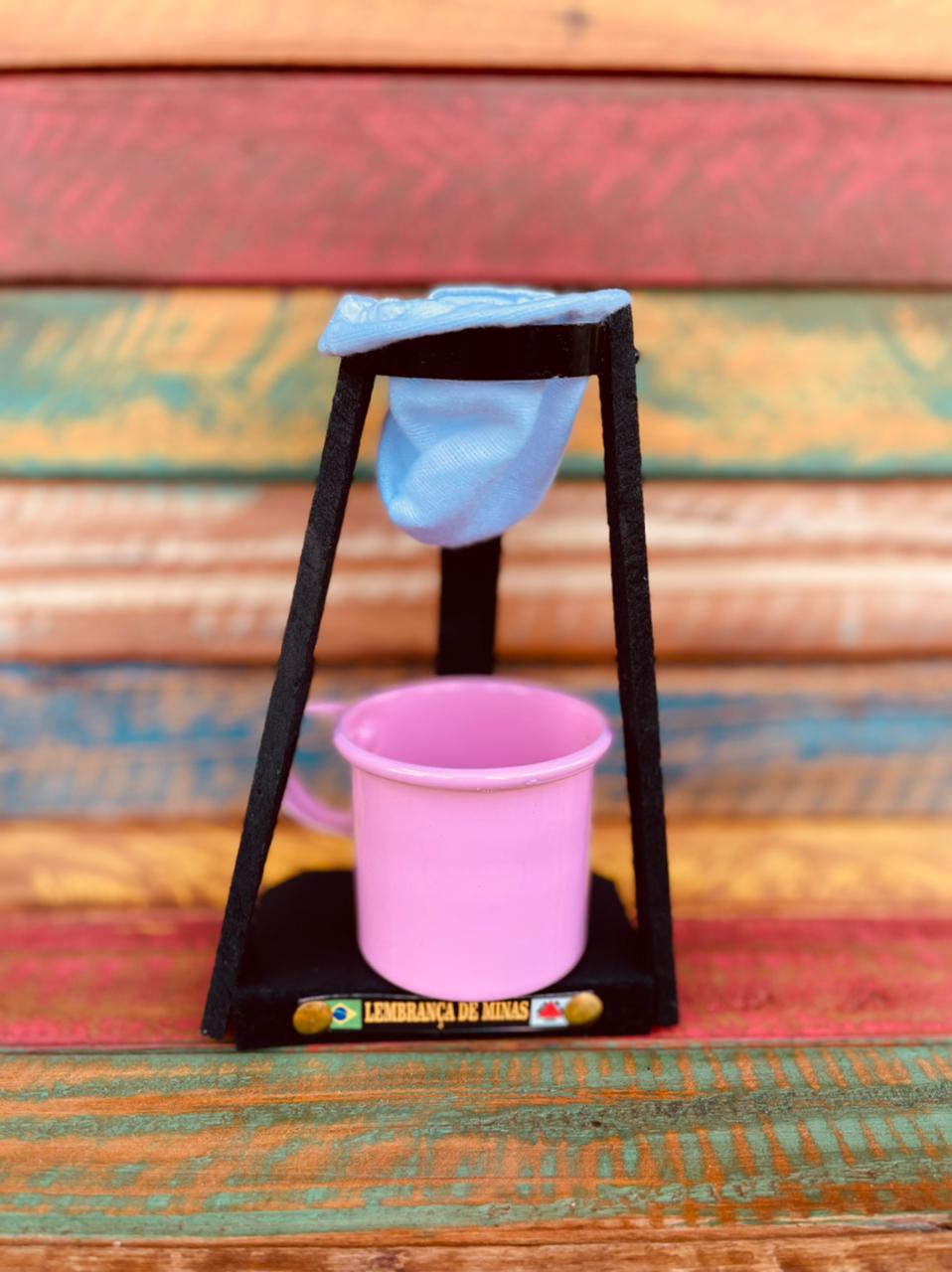 Kit Café Caneca 100ml Alumínio E Suporte de Madeira Com Coador Rosa Claro