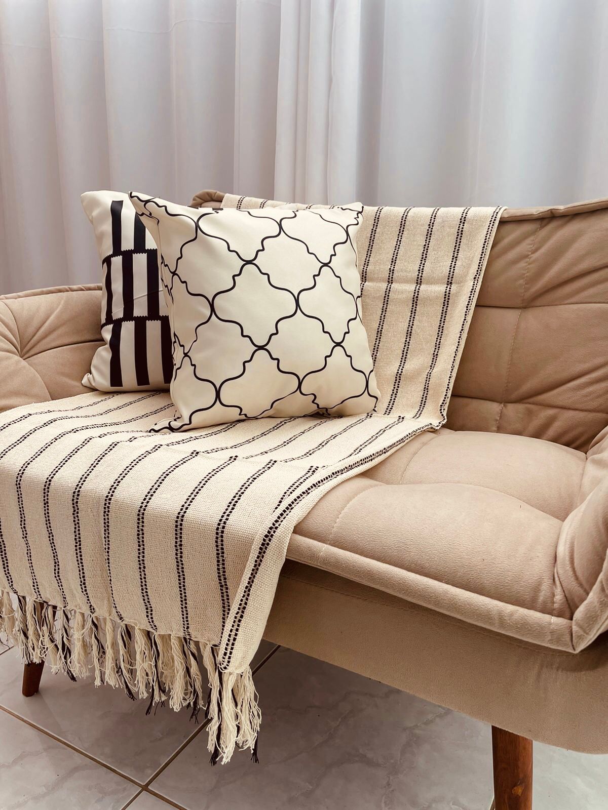 Manta para Sofá Algodão Cru com Listra Preta 1,20mx1,80m