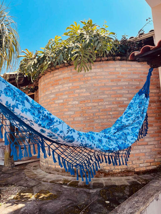 Rede de Algodão Forrada com Belize Semi Impermeável - Floral Azul