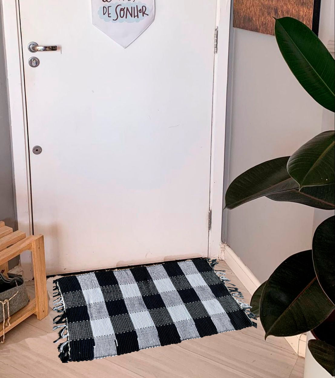 Tapete Malha Algodão Xadrez Preto e Branco