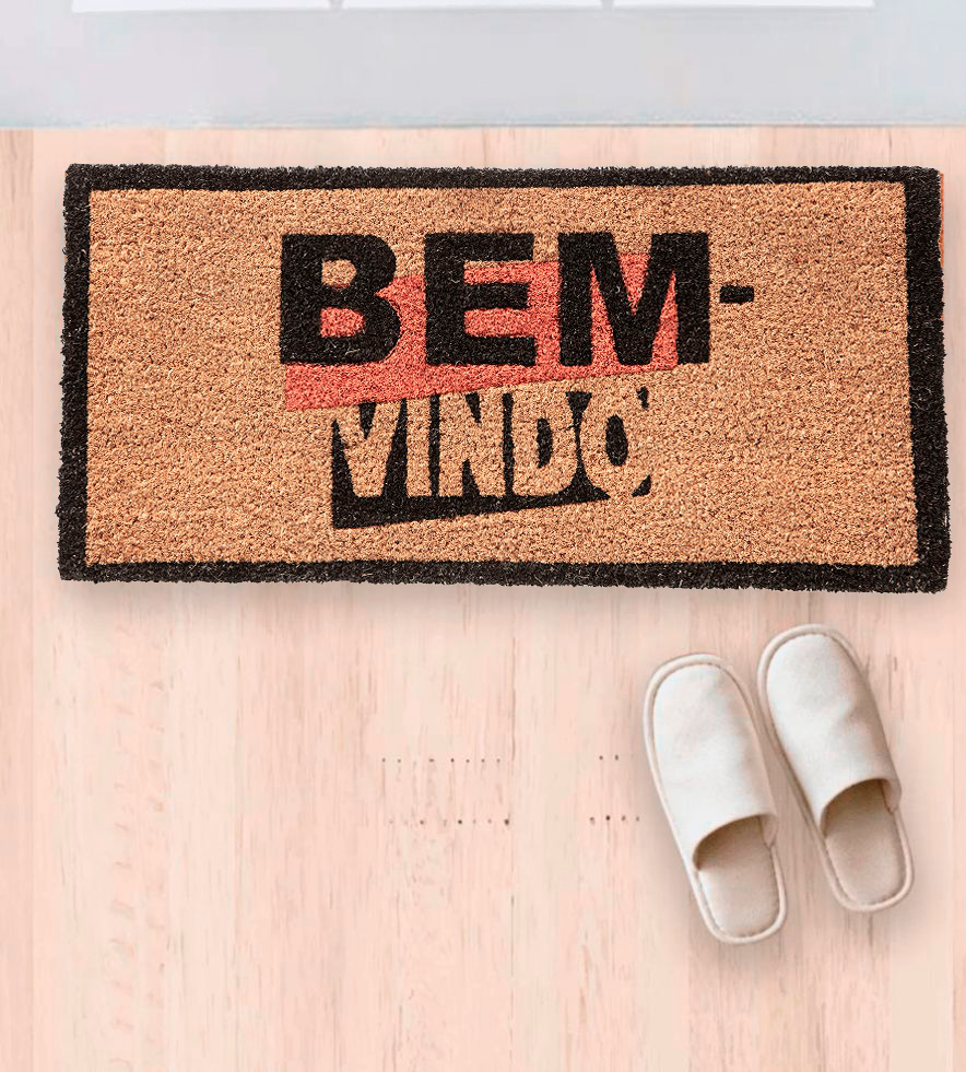 Tapete Bem Vindo Fibra de Coco Antiderrapante Bem Vindo Moldura Preta