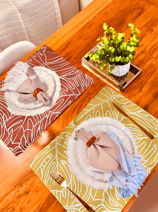 Lugar Americano Dupla Face Impermeável Folhas Terracota e Amarelo