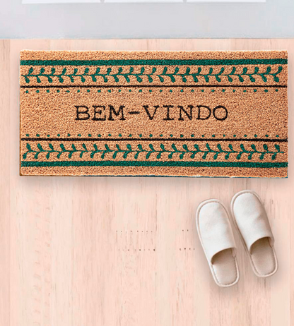 Tapete Bem Vindo Fibra de Coco Antiderrapante Bem Vindo Moldura Verde