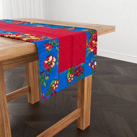 Caminho de Mesa de Algodão Forrado em Chita Azul/Vermelha 1,5m