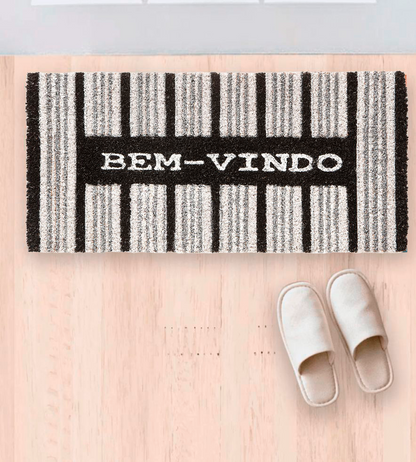 Tapete Bem Vindo Fibra de Coco Antiderrapante Bem Vindo Listras Pretas