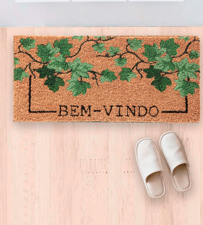 Tapete Bem Vindo Fibra de Coco Antiderrapante Bem Vindo Folhas Verde