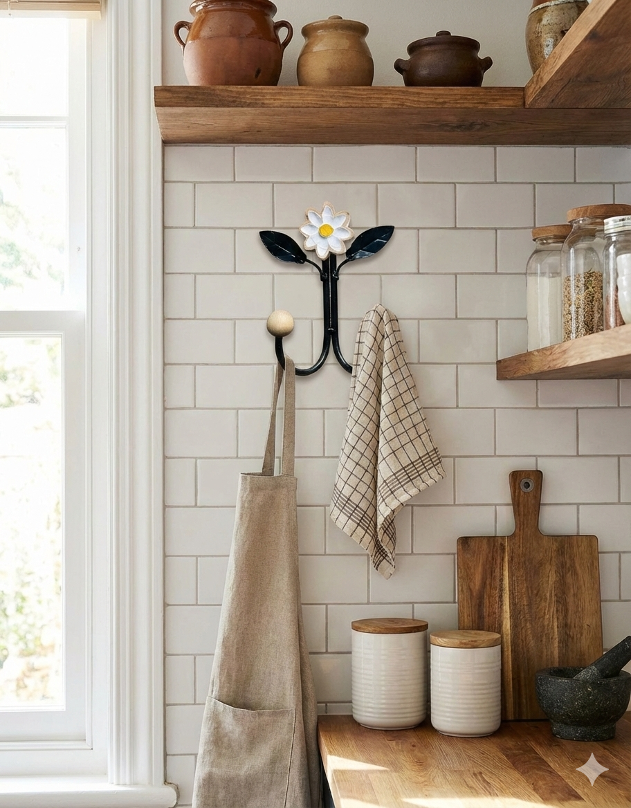 Cabide Ferro com Flor de Madeira Branco