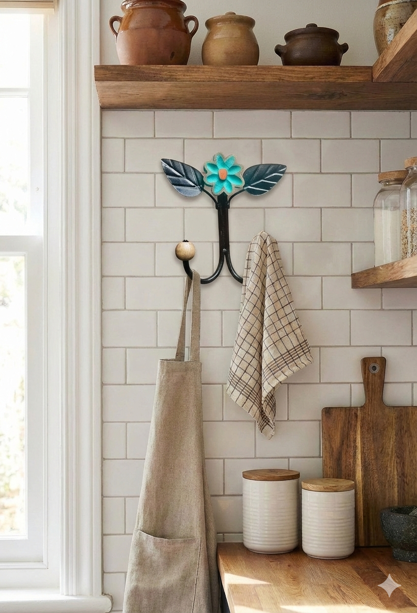 Cabide Ferro com Flor de Madeira Verde