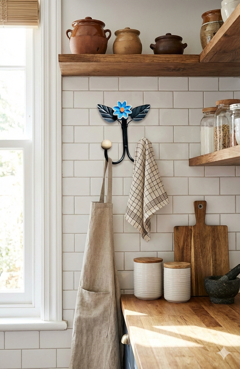 Cabide Ferro com Flor de Madeira Azul