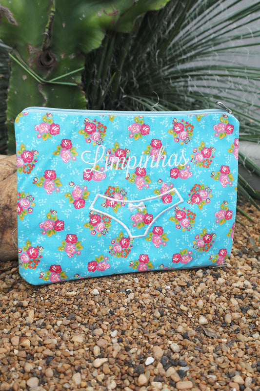 Necessaire Porta Calcinha Limpinha Sujinha P Flores Azul Claro