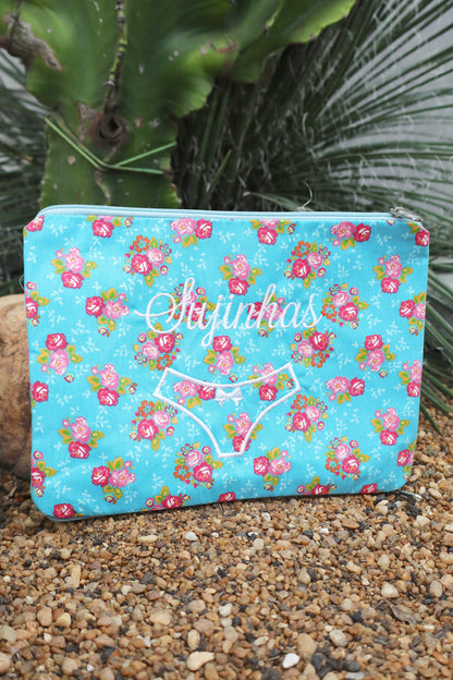 Necessaire Porta Calcinha Limpinha Sujinha P Flores Azul Claro