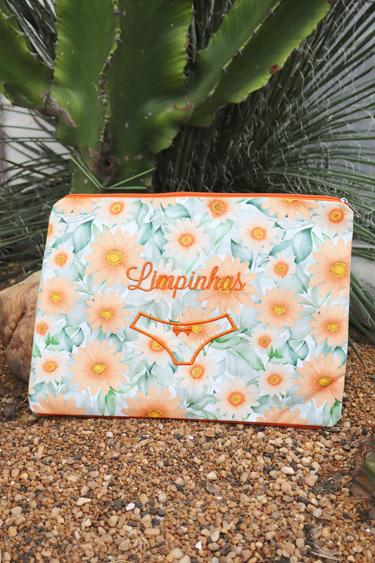 Necessaire Porta Calcinha Limpinha Sujinha G Flores Laranja