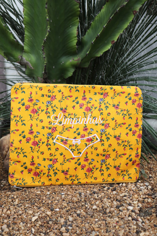 Necessaire Porta Calcinha Limpinha Sujinha G Florzinhas Amarelo