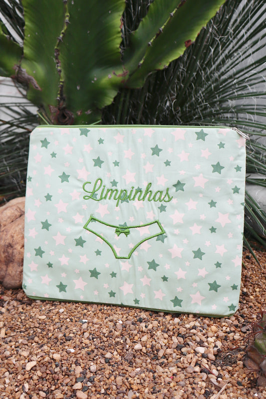 Necessaire Porta Calcinha Limpinha Sujinha G Estrelas Verde