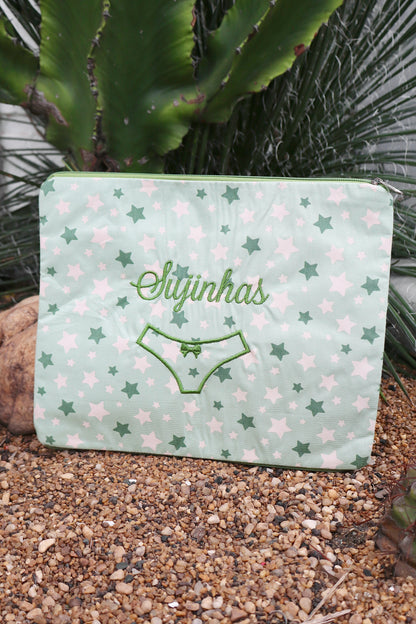Necessaire Porta Calcinha Limpinha Sujinha G Estrelas Verde