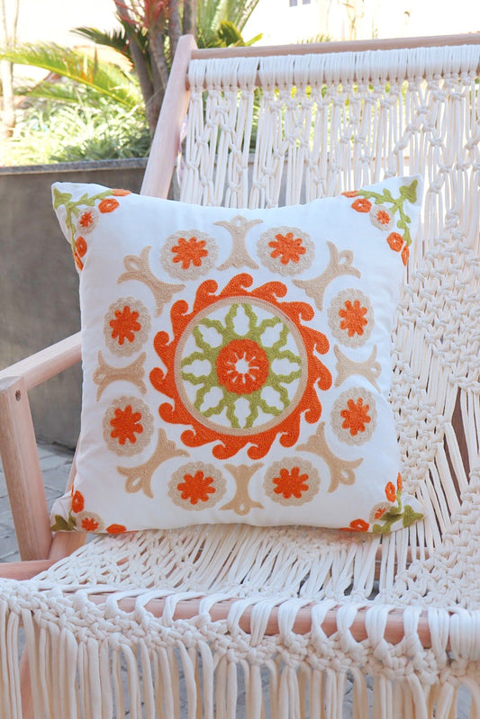 Capa de Almofada Bordada em Linho 45x45 Verde e Laranja