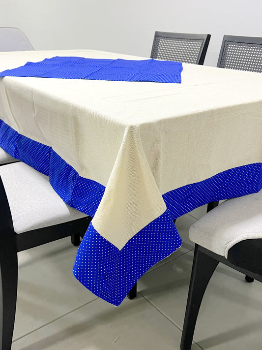 Toalha de Mesa com Barra de Tricoline Poá Azul com Composê 1,5mx2,2m