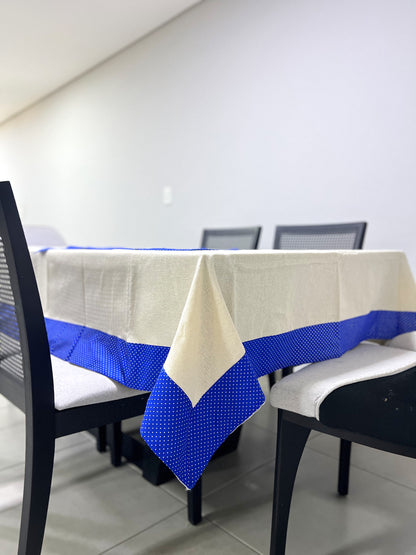 Toalha de Mesa com Barra de Tricoline Poá Azul com Composê 1,5mx2,2m