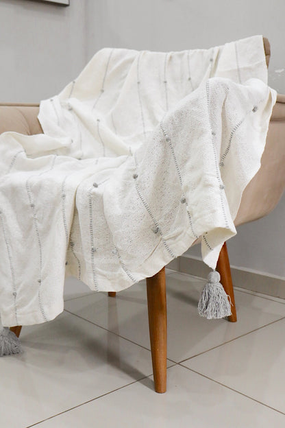 Manta para Sofá / Peseira Pompom Boho Cinza 1,20mx1,80m