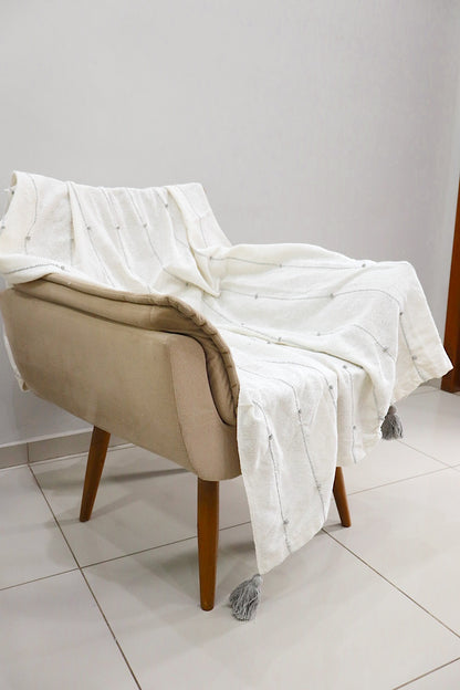Manta para Sofá / Peseira Pompom Boho Cinza 1,20mx1,80m