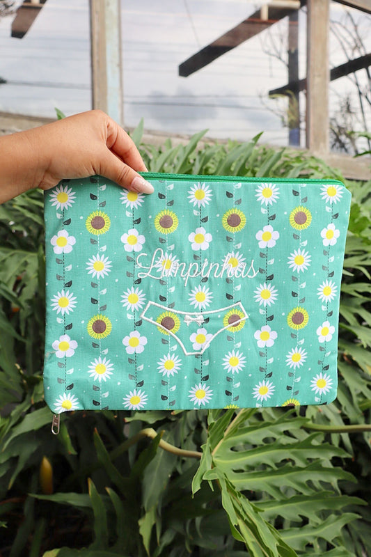 Necessaire Porta Calcinha Limpinha Sujinha G Girassol e Margarida Verde