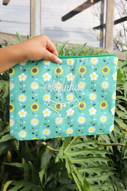 Necessaire Porta Calcinha Limpinha Sujinha G Girassol e Margarida Verde