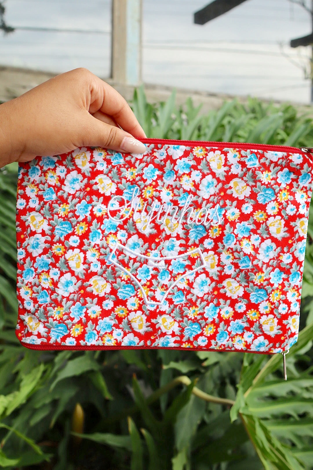 Necessaire Porta Calcinha Limpinha Sujinha P Flores Fundo Vermelho