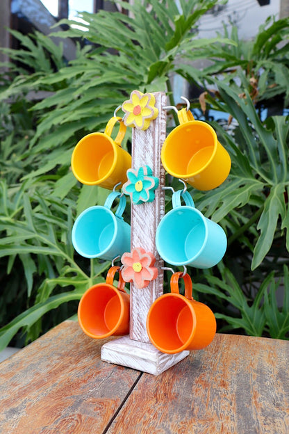 Suporte de Caneca Colorido Madeira + 6 Canecas Amarelas, Tifanny e Laranja